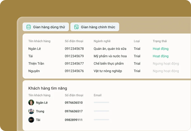 Giao diện quản lý khách hàng CRM