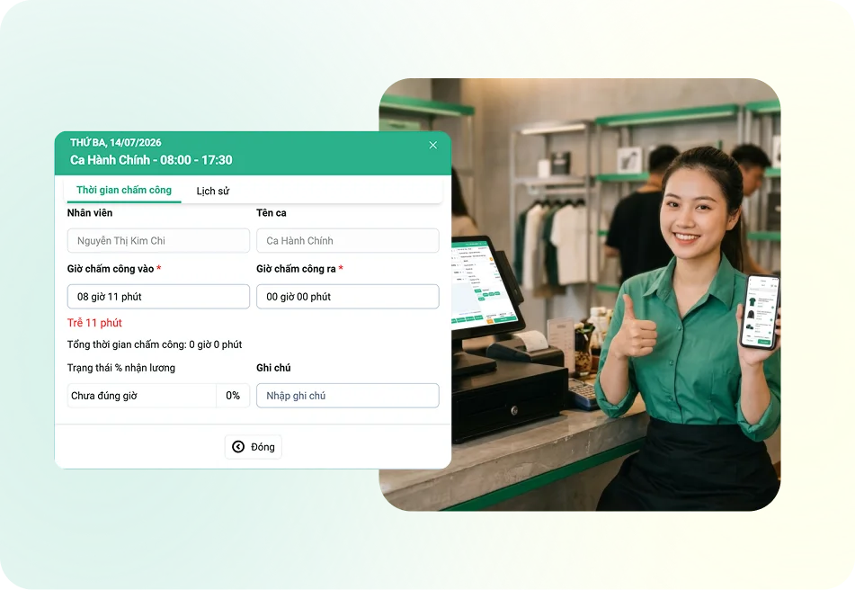 Khách hàng sử dụng tính năng chấm công nhân viên của Bado Retail