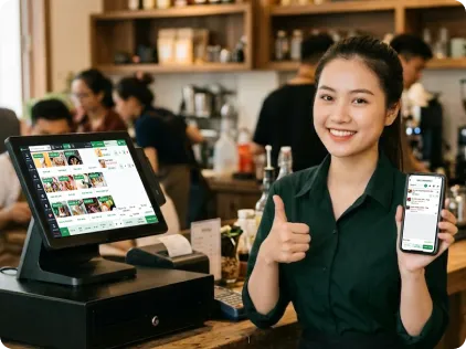 Nhân viên thao tác trên điện thoại với phần mềm quản lý Bado Fnb