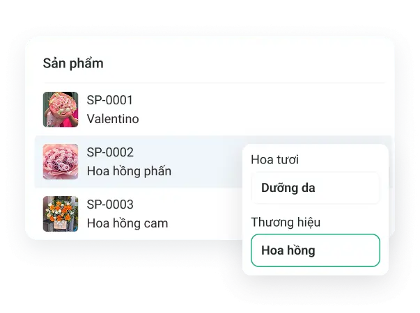 Màn hình quản lý sản phẩm và mẫu mã hoa quà tặng