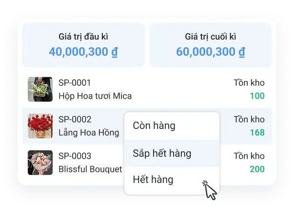 Màn hình quản lý tồn kho và nhập xuất hàng hóa hoa quà tặng