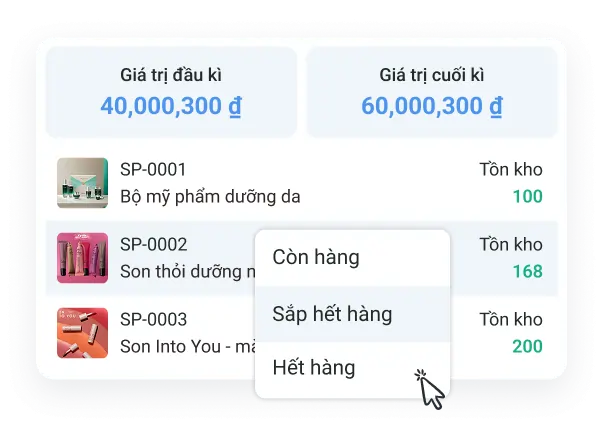Màn hình quản lý tồn kho mỹ phẩm