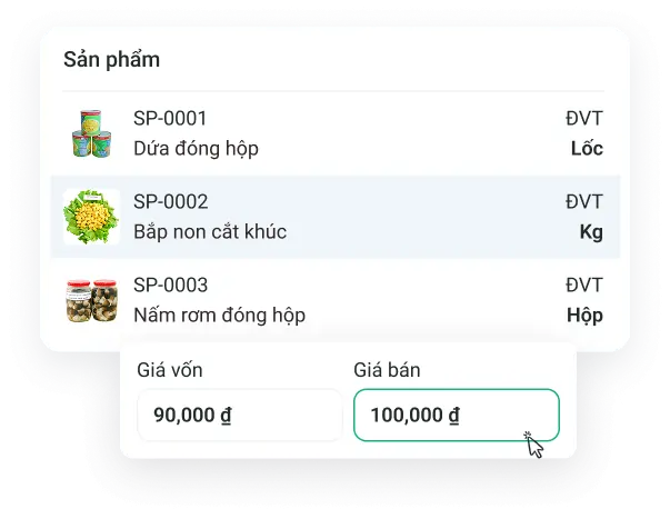 Màn hình quản lý mặt hàng nông sản và thực phẩm