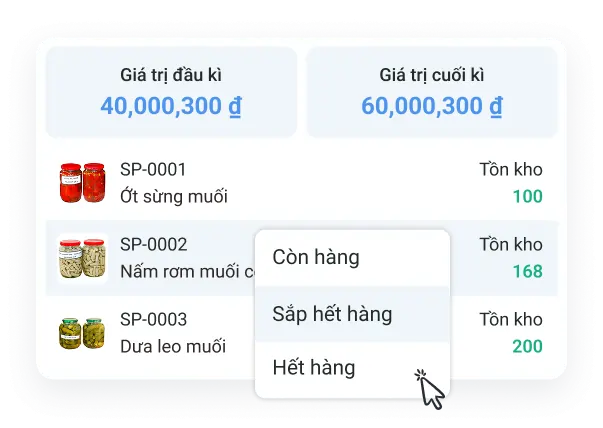 Màn hình quản lý xuất nhập tồn kho nông sản thực phẩm