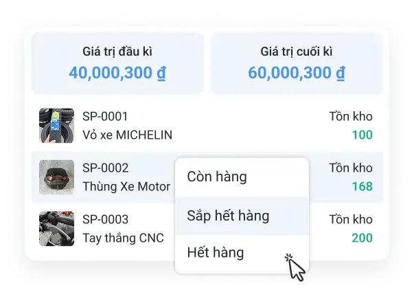 Màn hình quản lý xuất nhập tồn kho phụ tùng xe