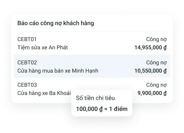 Màn hình quản lý công nợ khách hàng và nhà cung cấp cửa hàng xe