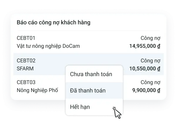 Màn hình quản lý công nợ khách hàng và nhà cung cấp vật tư nông nghiệp