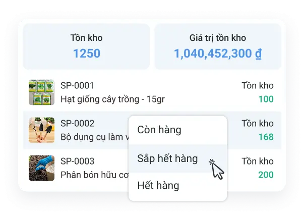 Màn hình quản lý nhập xuất tồn kho vật tư nông nghiệp