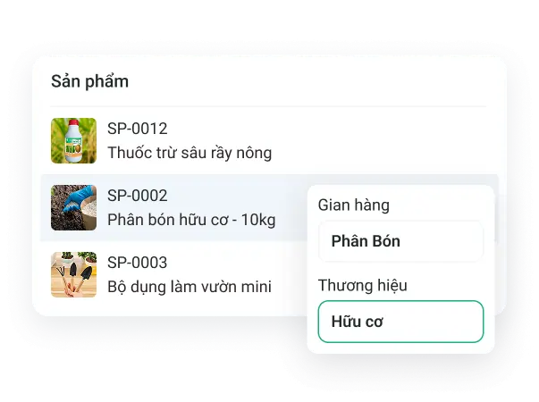 Màn hình quản lý sản phẩm và hàng hóa vật tư nông nghiệp