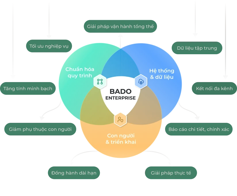 Sơ đồ giải pháp Bado Enterprise - Chuẩn hóa quy trình, Hệ thống dữ liệu, Con người & triển khai