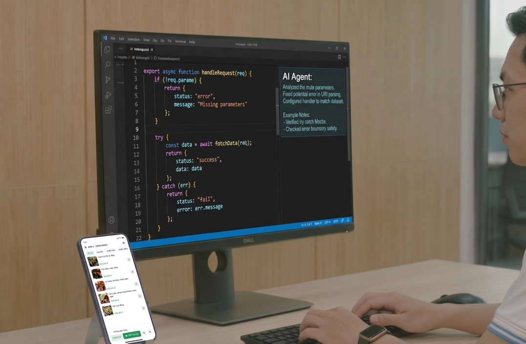 Software engineer coding with AI Agent assistance at Bado