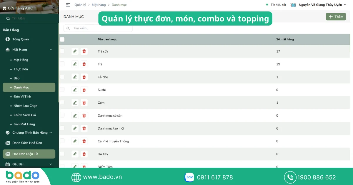 Quản lý thực đơn, món, combo và topping