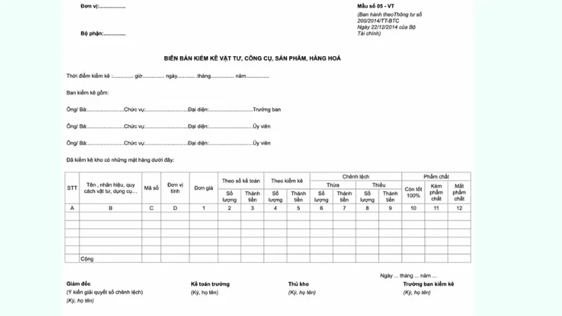 Mẫu bảng kiểm kê hàng tồn kho theo thông tư 133/2016/TT-BTC&nbsp;
