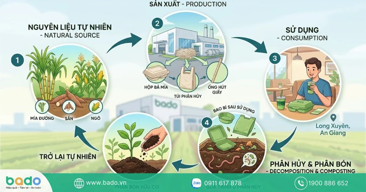 Mô tả quy trình vòng đời tuần hoàn của bao bì xanh từ nguyên liệu tự nhiên đến khi phân hủy làm phân bón