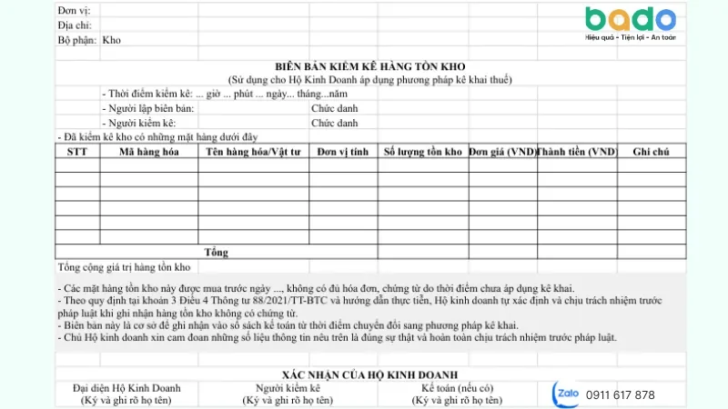 Mẫu biên bản kiểm kê hàng tồn kho chi tiết chuẩn pháp lý theo Thông tư 133/2016/TT-BTC.