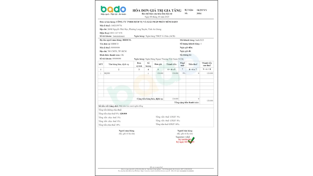 Mẫu hóa đơn giá trị gia tăng của hộ kinh doanh được xuất từ phần mềm Bado, hỗ trợ hạch toán và ghi sổ kế toán đầy đủ.png