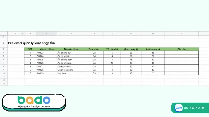 Mẫu quản lý xuất nhập tồn hàng hóa trên excel