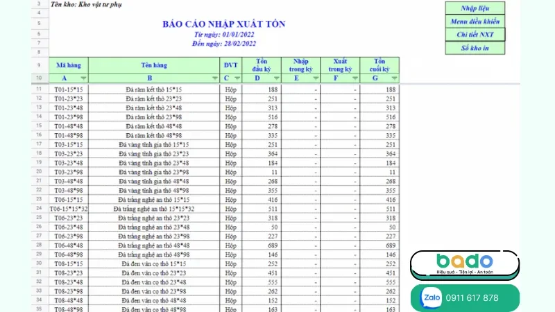 Mẫu quản lý nhập xuất tồn vật tư bằng excel