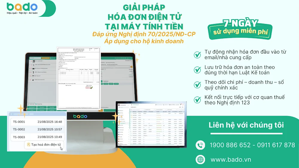 Giải ph&aacute;p h&oacute;a đơn điện tử tr&ecirc;n m&aacute;y t&iacute;nh tiền của Bado, hỗ trợ hộ kinh doanh quản l&yacute; h&oacute;a đơn đầu v&agrave;o &ndash; b&aacute;o c&aacute;o &ndash; lưu trữ theo Nghị định 70/2025